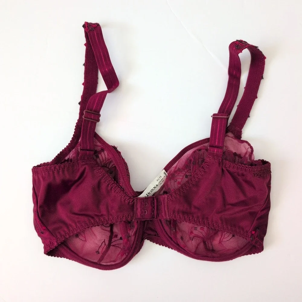 PrimaDonna Burgundy Floral Embroidered Sheer Mesh‎ No-Wire Bra 34F US UK 75F EU